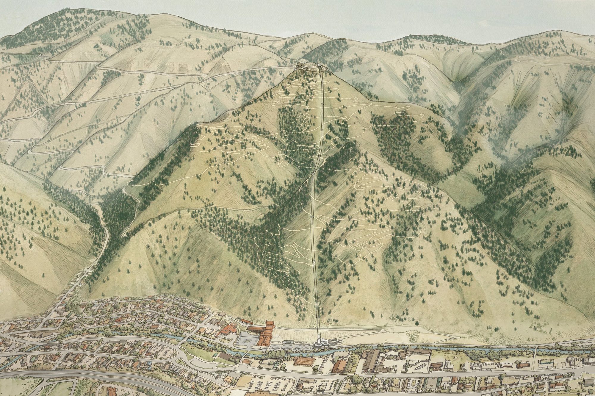 Illustrated aerial view of the Mighty Argo cable car above Idaho Springs, Colorado