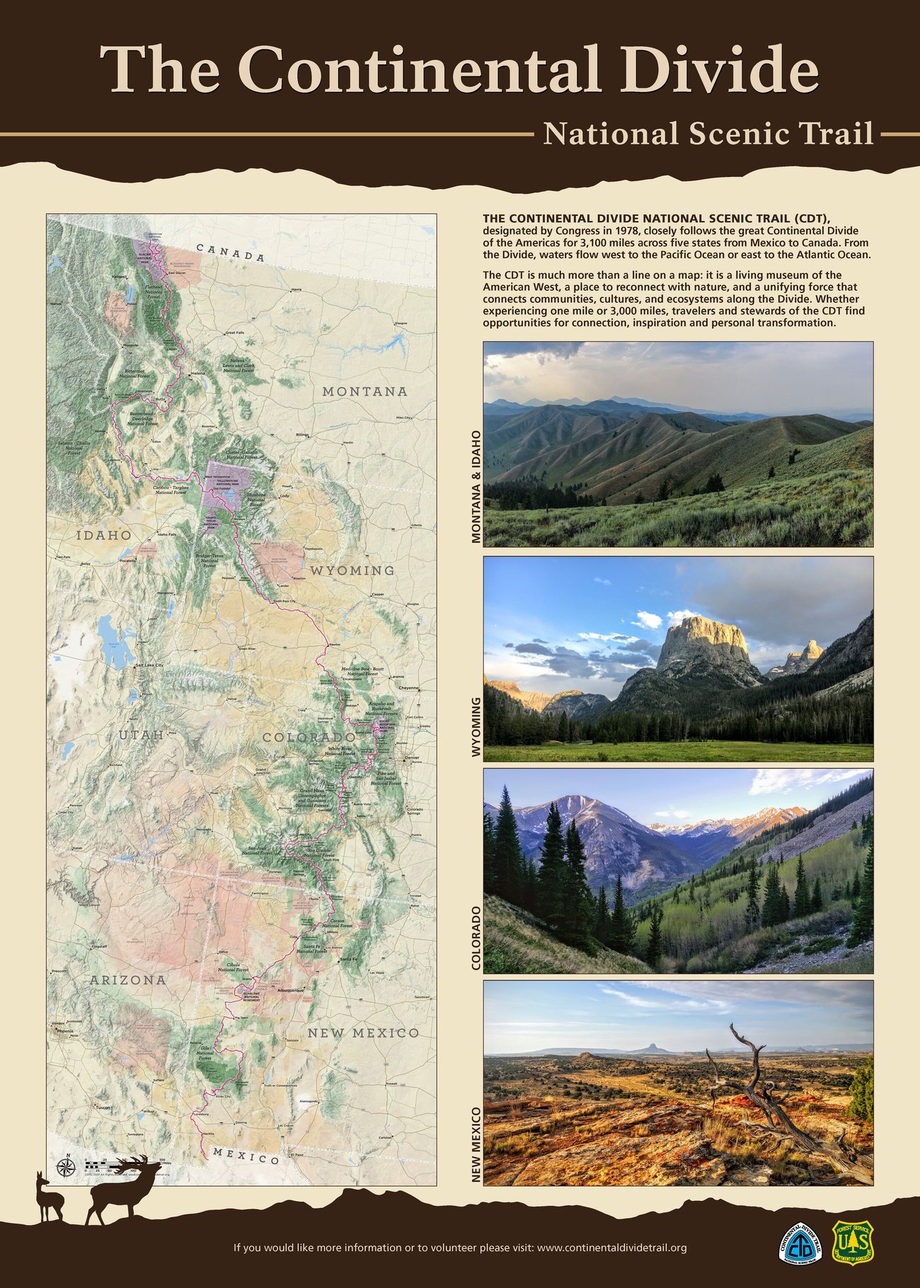Continental Divide National Scenic Trail trailhead sign with a map of the trail from Mexico to Canada