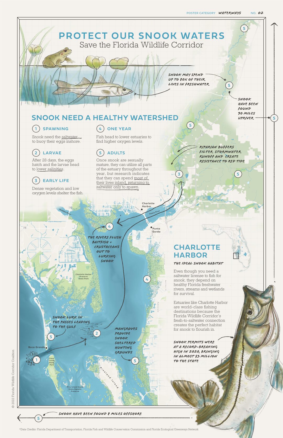 Florida Wildlife Corridor poster about protecting snook waters, with a map of Charlotte Harbor