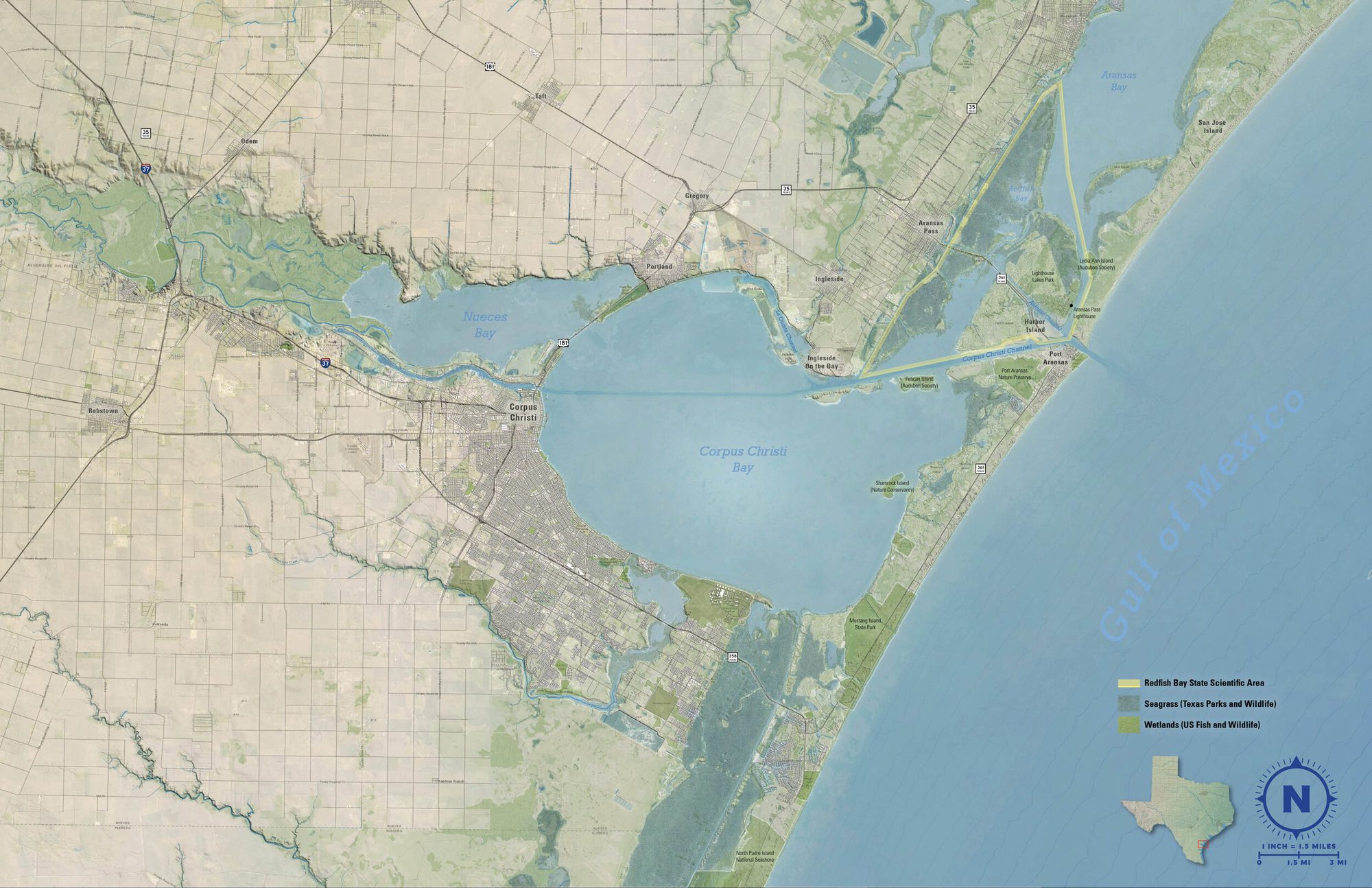 Map of Corpus Christi Bay, Texas, with seagrass, wetlands and the Redfish Bay State Scientific Area