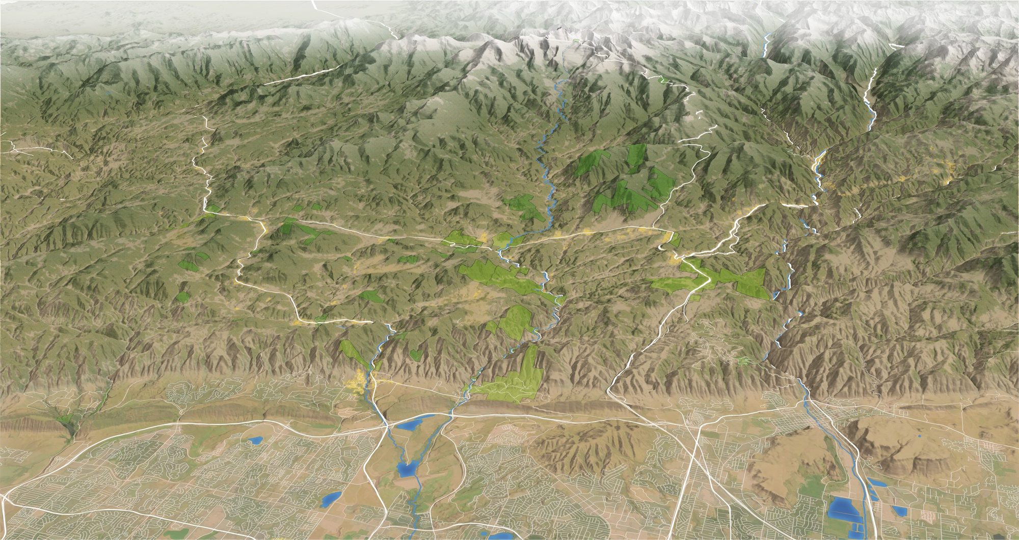 Illustrated panorama of the Denver Mountain Parks system along the Front Range