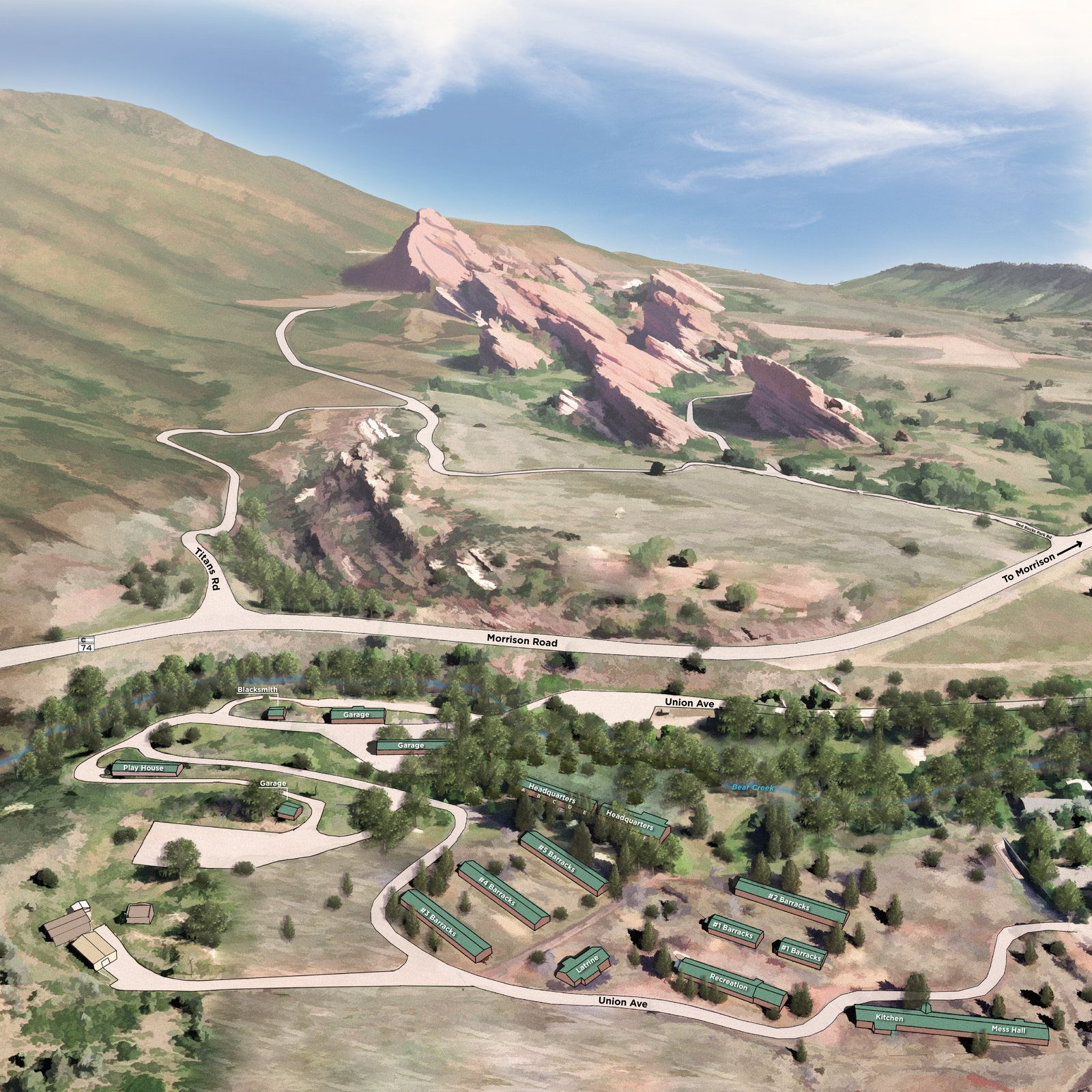 Reconstruction of the 1930s Civilian Conservation Corps camp below Red Rocks