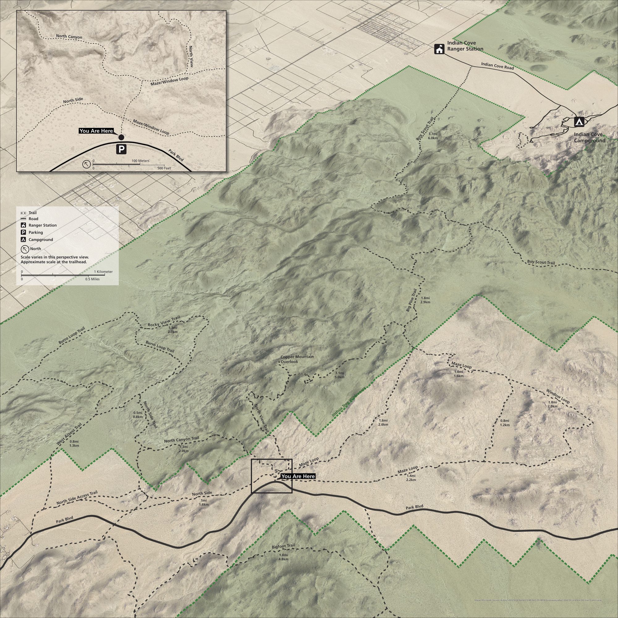 Maze Complex trailhead map for Joshua Tree National Park, a perspective view of the trails below the Wonderland of Rocks