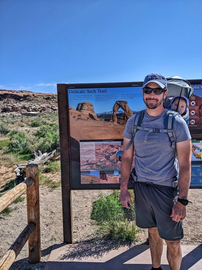 Delicate Arch wayside panel on site in Arches National Park