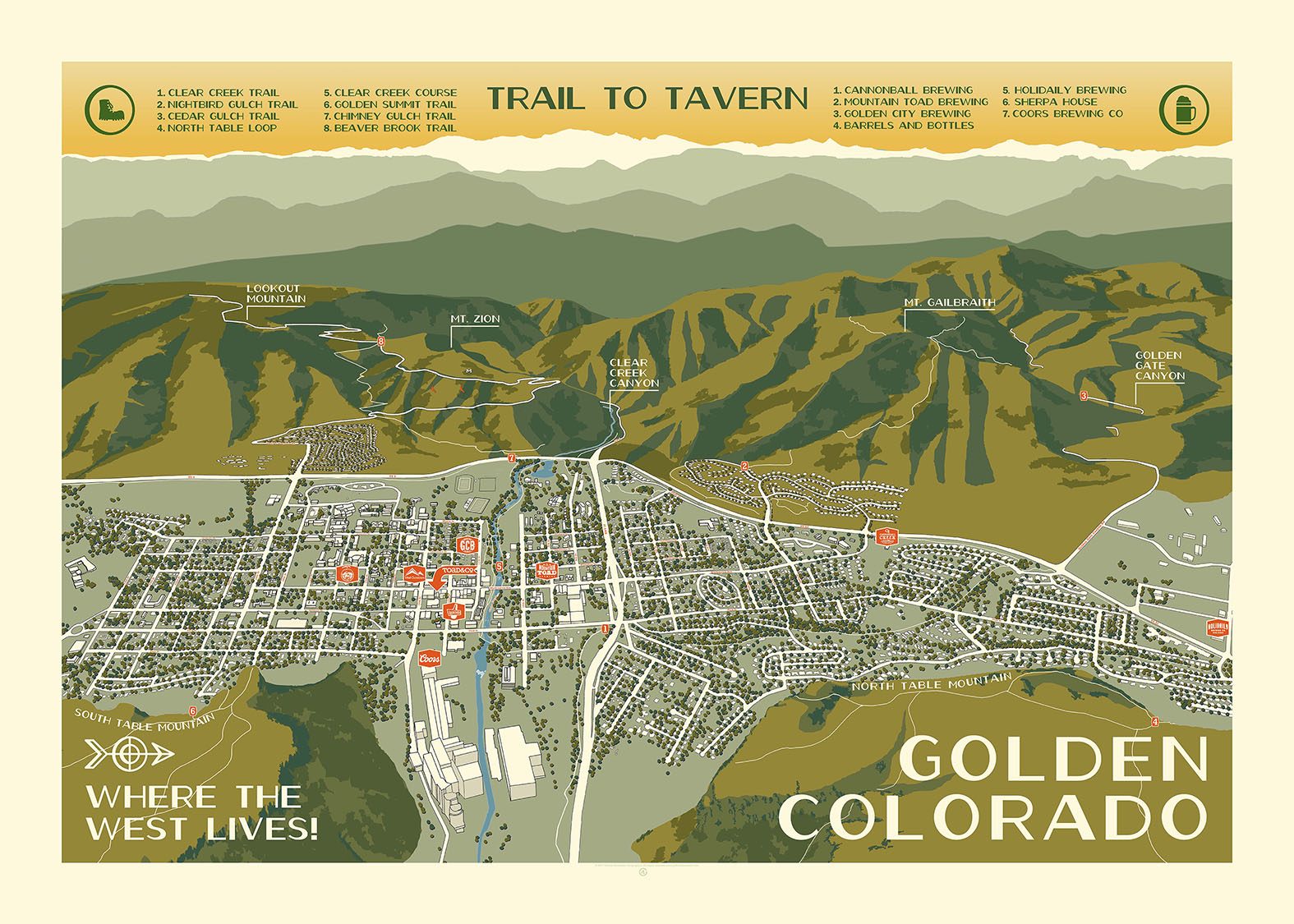 Trail to Tavern illustrated map of Golden, Colorado