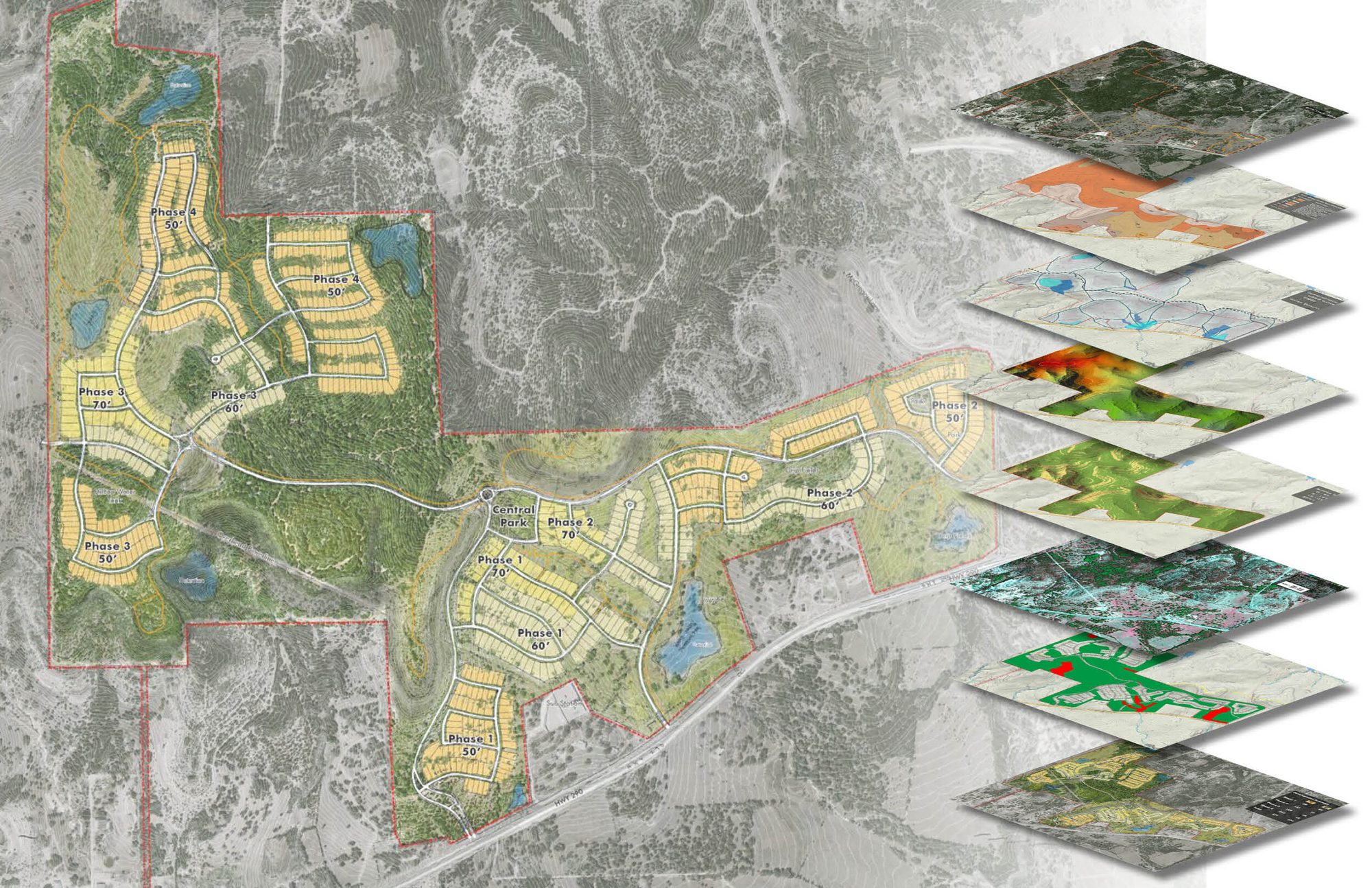 Layered site analysis diagram with stacked map layers beside a site plan