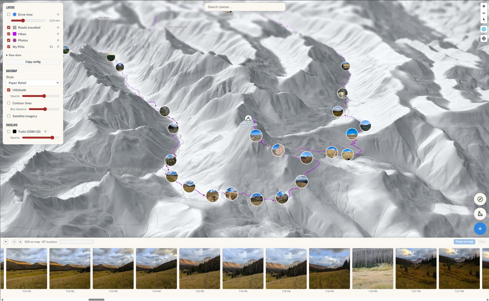 Personal adventure map showing a hike around Uncompahgre Peak with photo points along the route