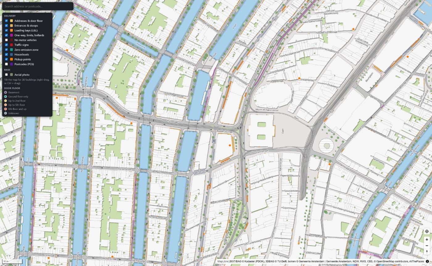 Amsterdam delivery map of the canal ring showing addresses, entrances, loading bays and access restrictions