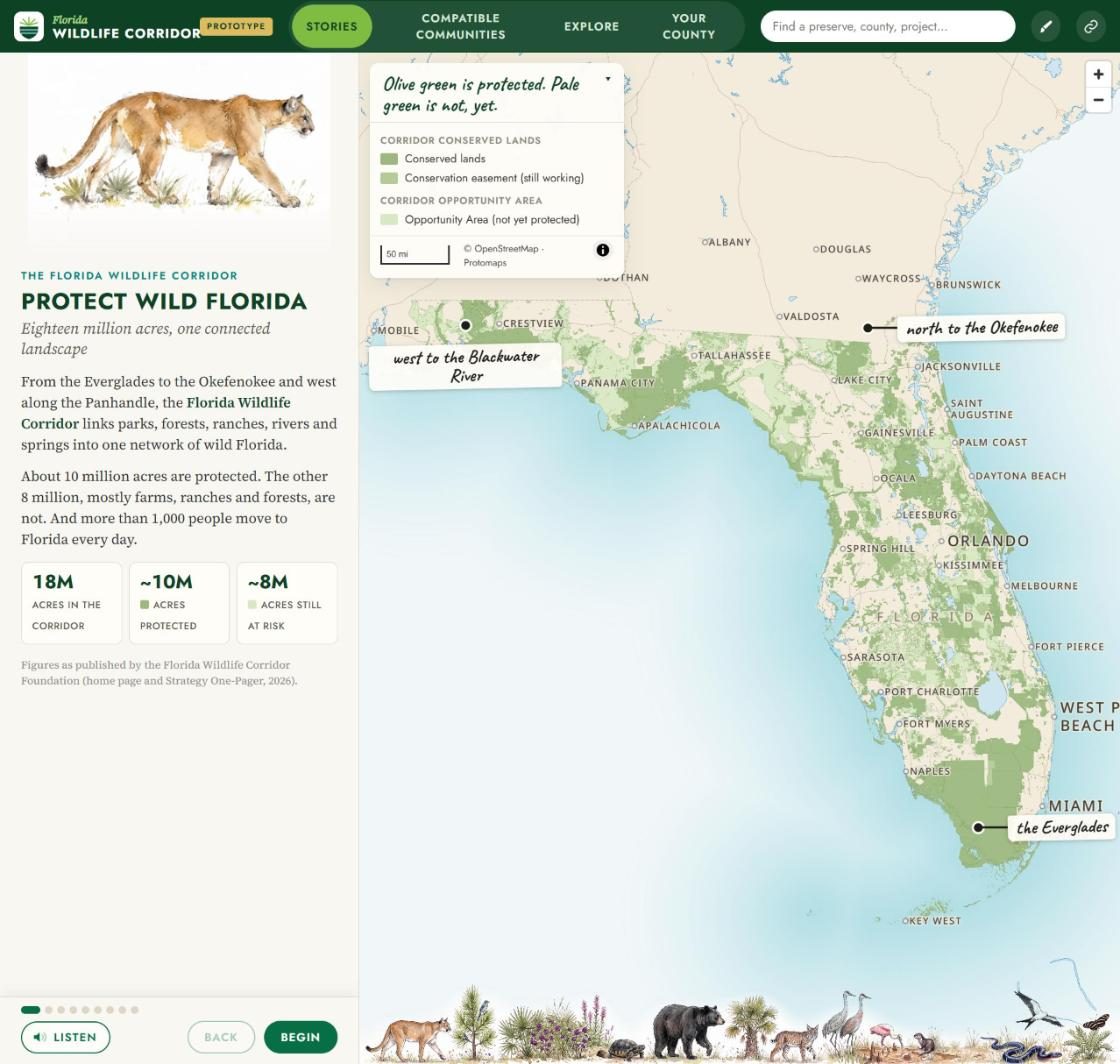 Florida Wildlife Corridor story map showing protected and unprotected corridor lands across Florida