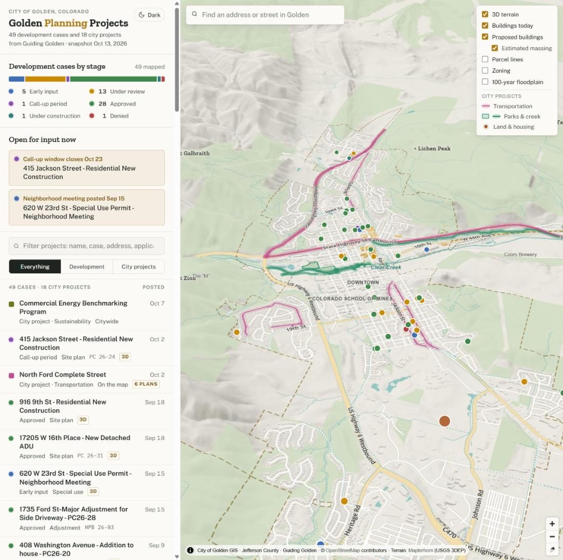 Golden Planning Projects map with development cases by stage over 3D terrain of Golden, Colorado