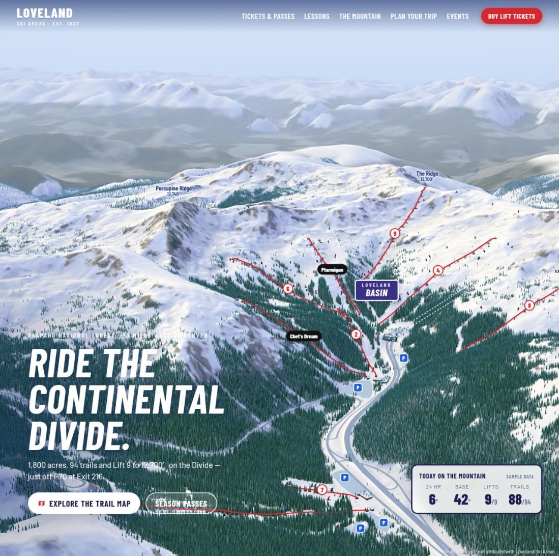3D trail map of Loveland ski area on the Continental Divide
