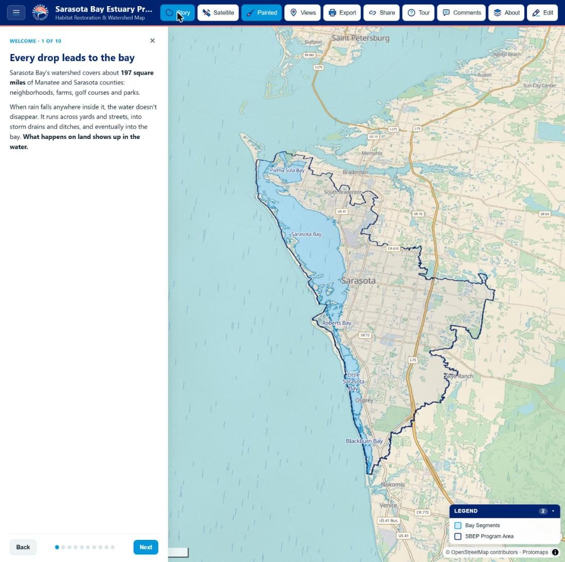 Sarasota Bay Estuary Program map in story mode, outlining the watershed and bay segments