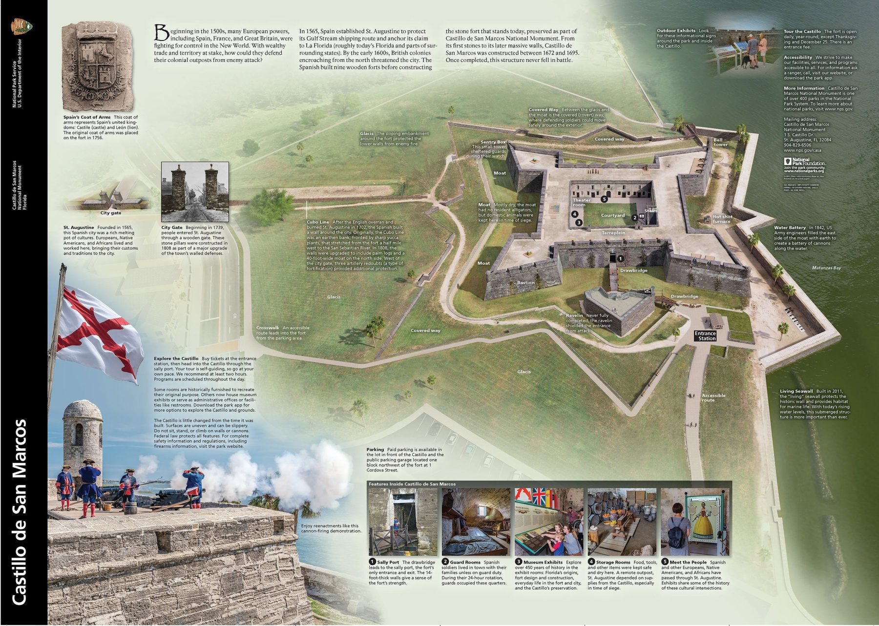 Castillo de San Marcos National Park Service brochure panel with a labeled 3D view of the fort