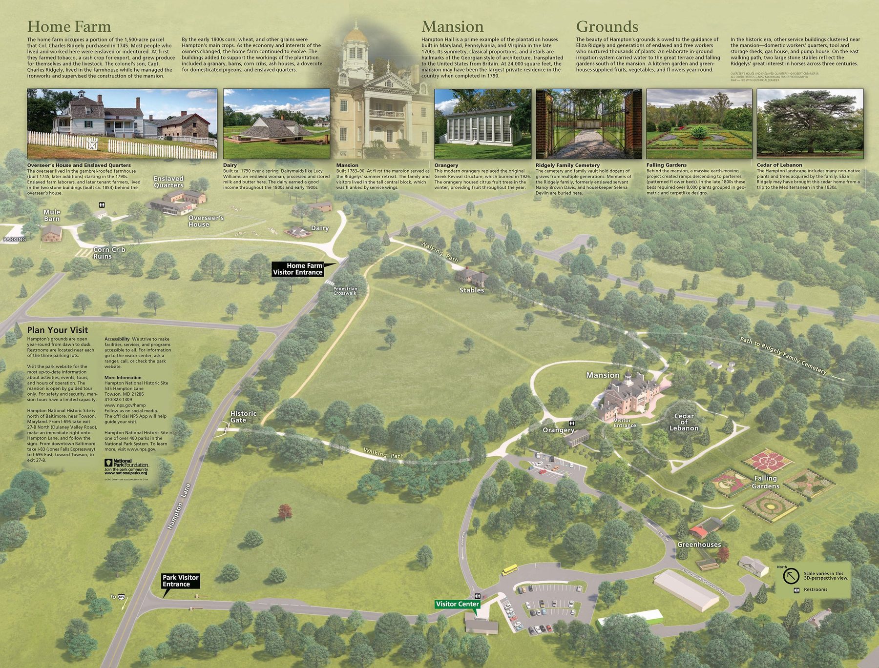 Hampton National Historic Site brochure panel with a labeled 3D map of the estate