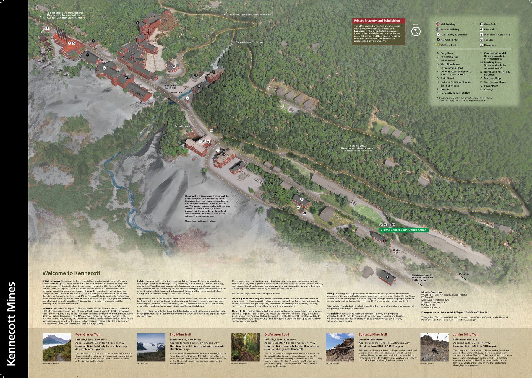 Kennecott Mines panel of the National Park Service brochure, with a labeled 3D map of the mill town
