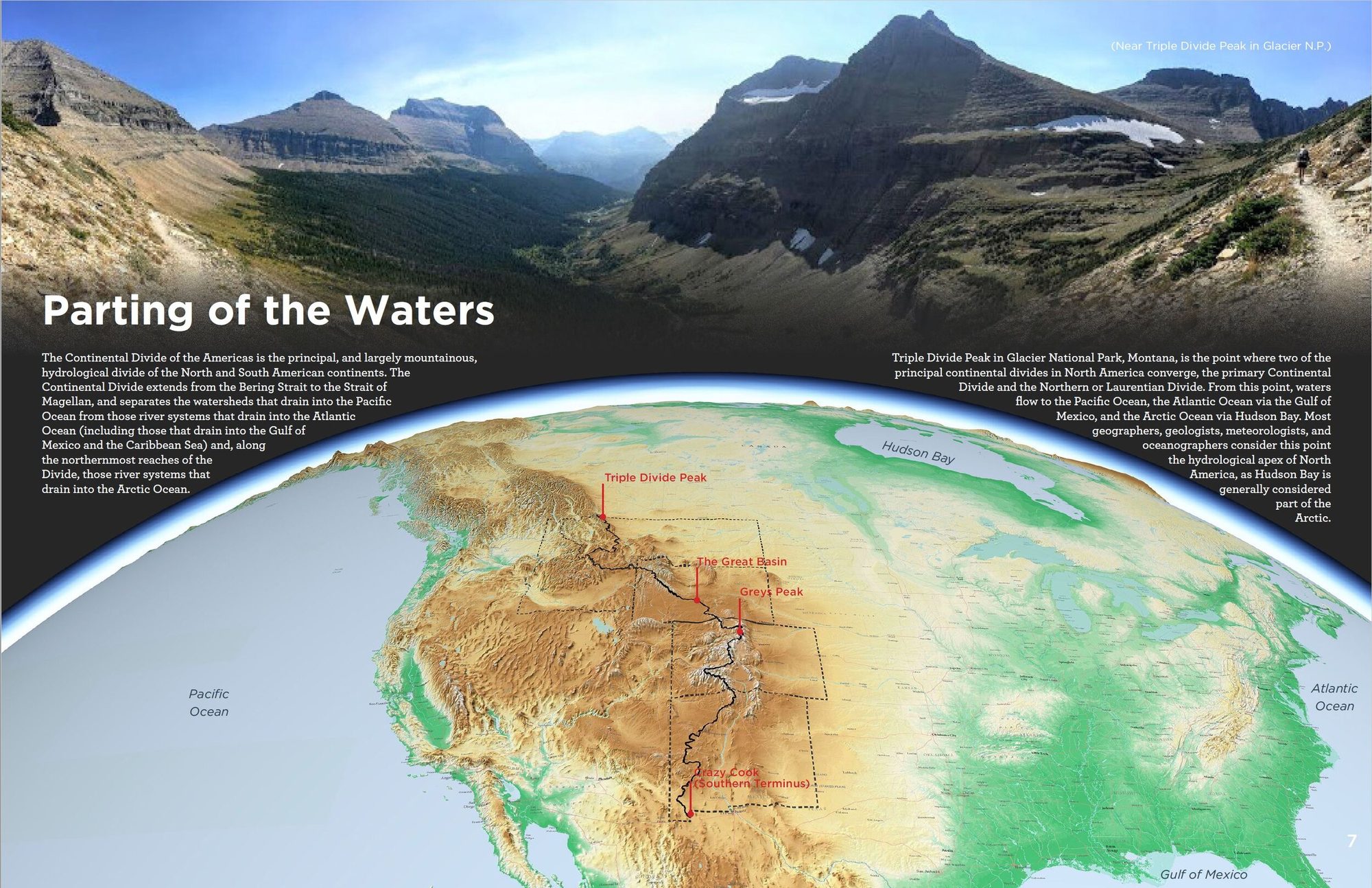 Parting of the Waters interpretive panel with a 3D view of the Continental Divide across North America