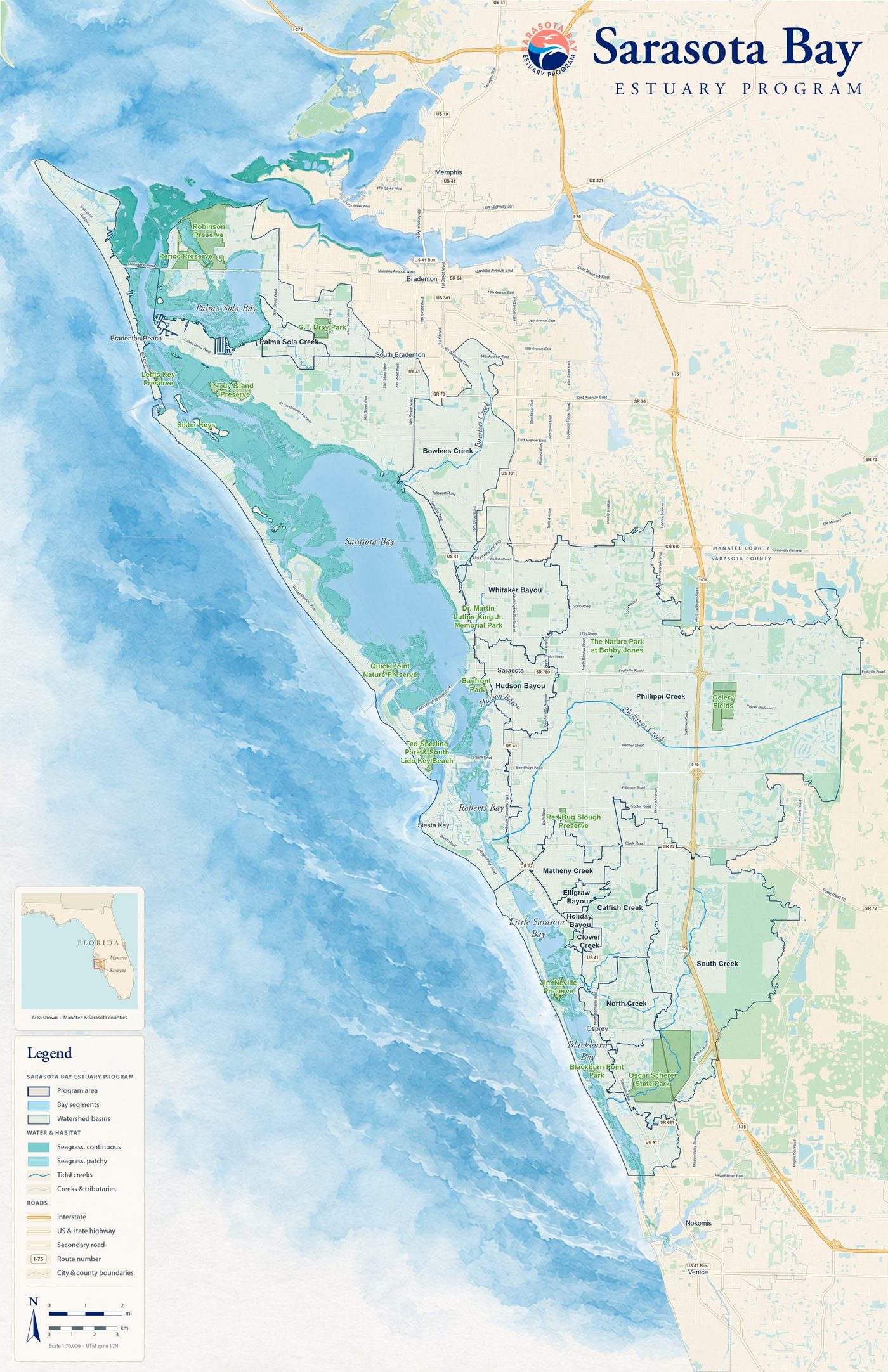 Watershed map of Sarasota Bay, Florida